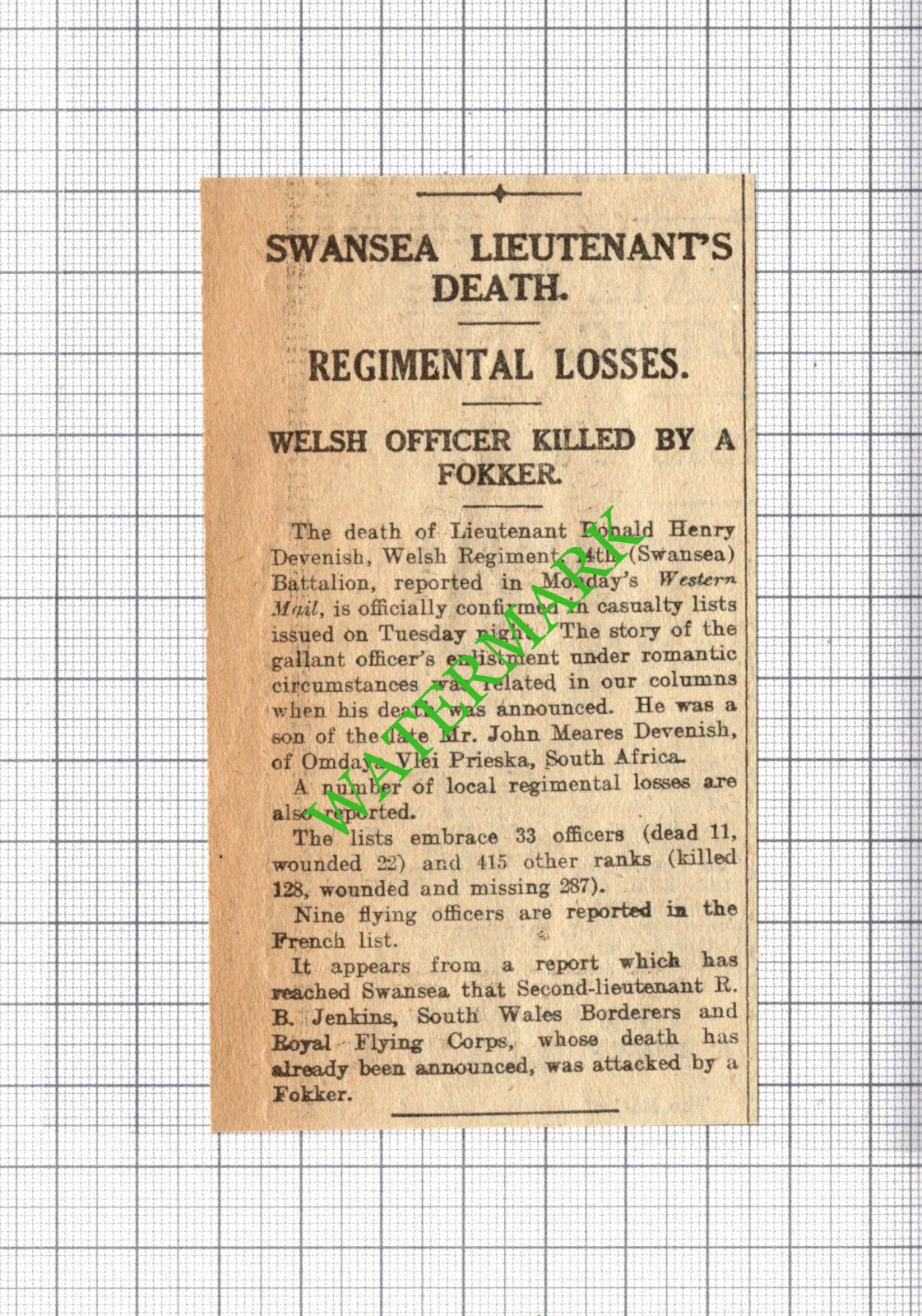 Lt Donald Henry Devenish Welsh Regiment 14th Swansea Batt- 1916 SMALL Cutting
