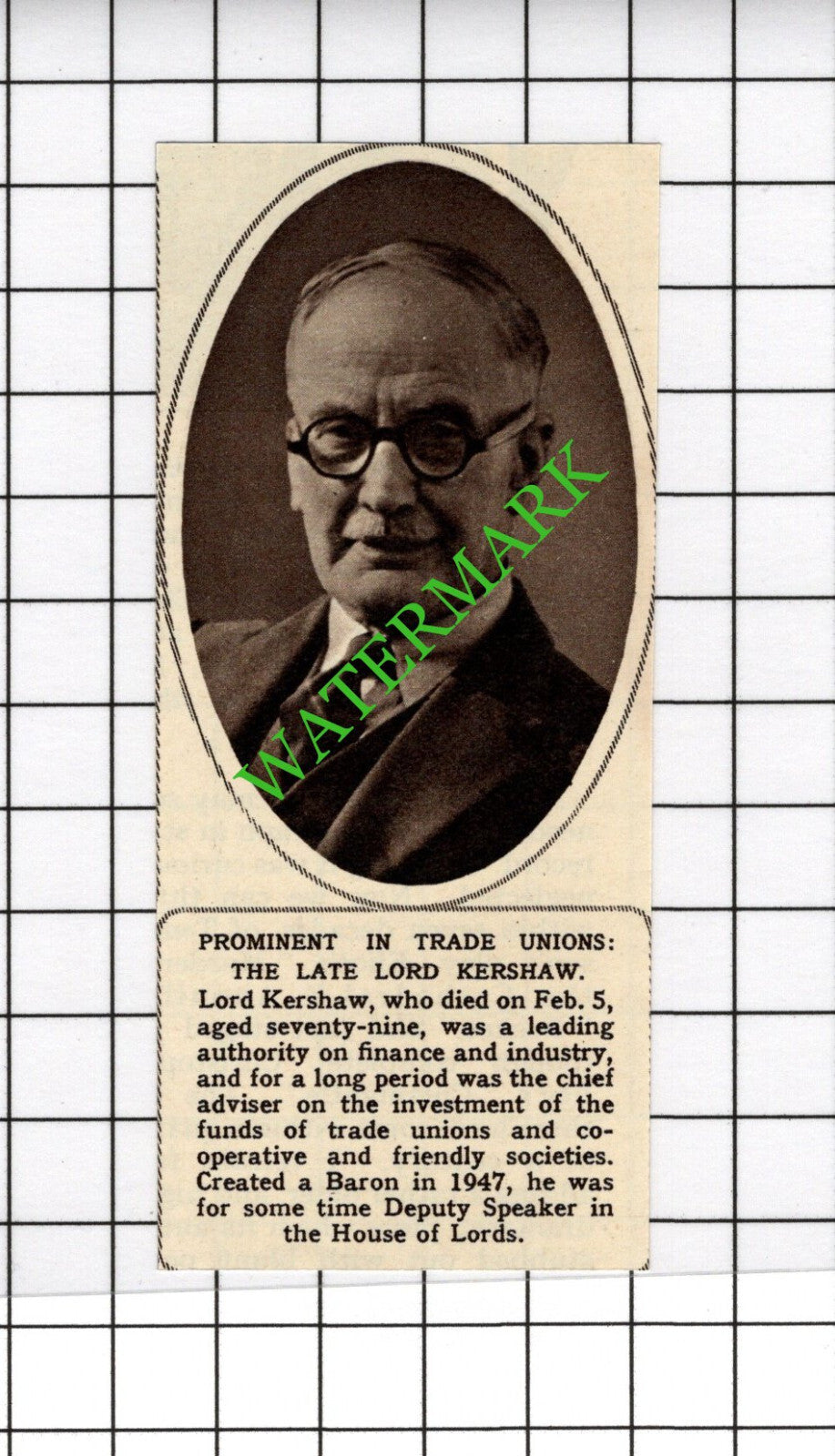 Lord Kershaw Obituary   - 1961 SMALL Cutting