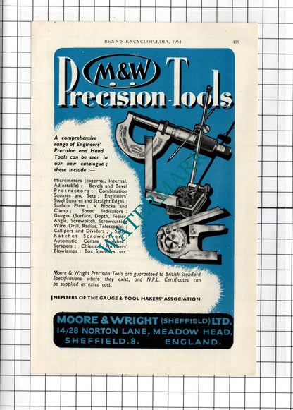 Moore & Wright Sheffield Ltd / Gordon Tools Ltd Sheffield -  1954 Advert
