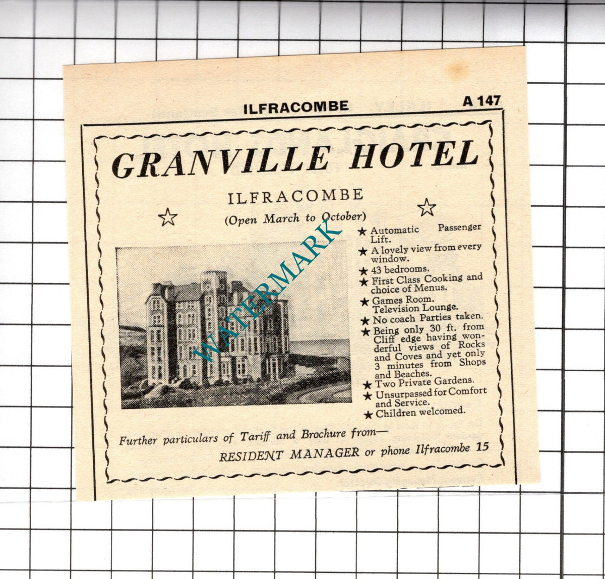 Granville Hotel Ilfracombe Devon Small Advert - 1958 Cutting