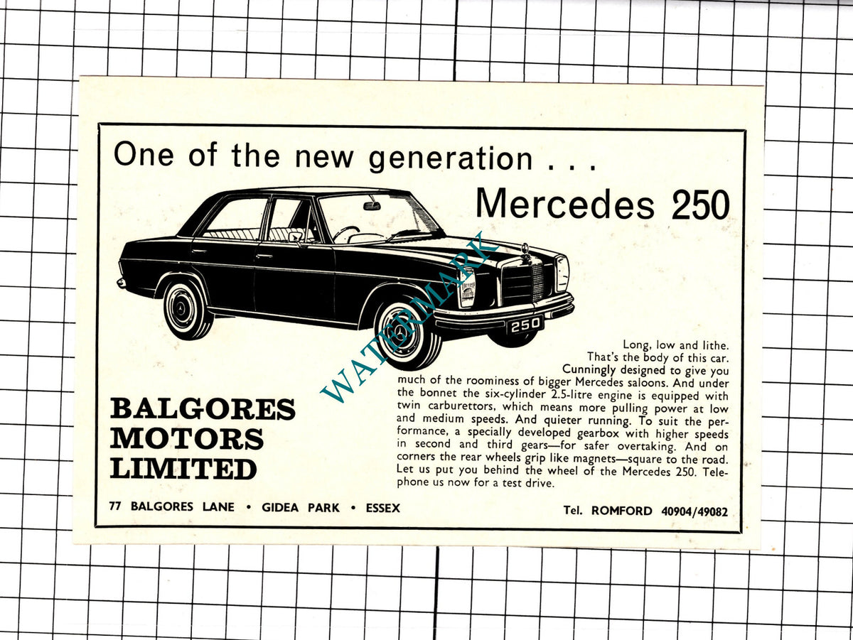 Mercedes 250 Car Advert Balgores Motors Gidea Park  -   1968 Clipping / Print