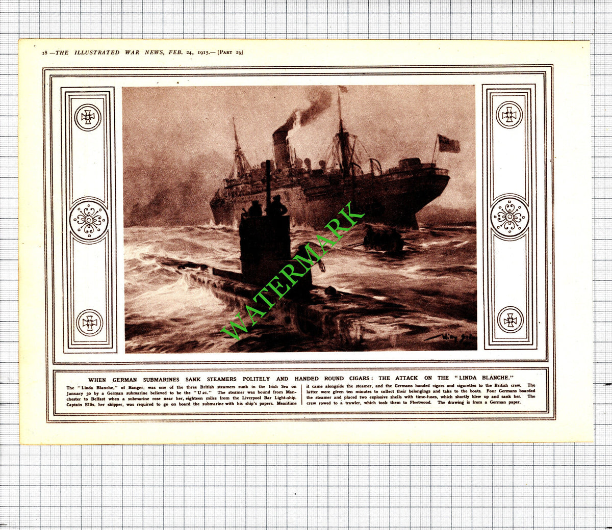 LINDA BLANCHE Ship Bangor German Submarine Great War  WW1 --  1915 Cutting