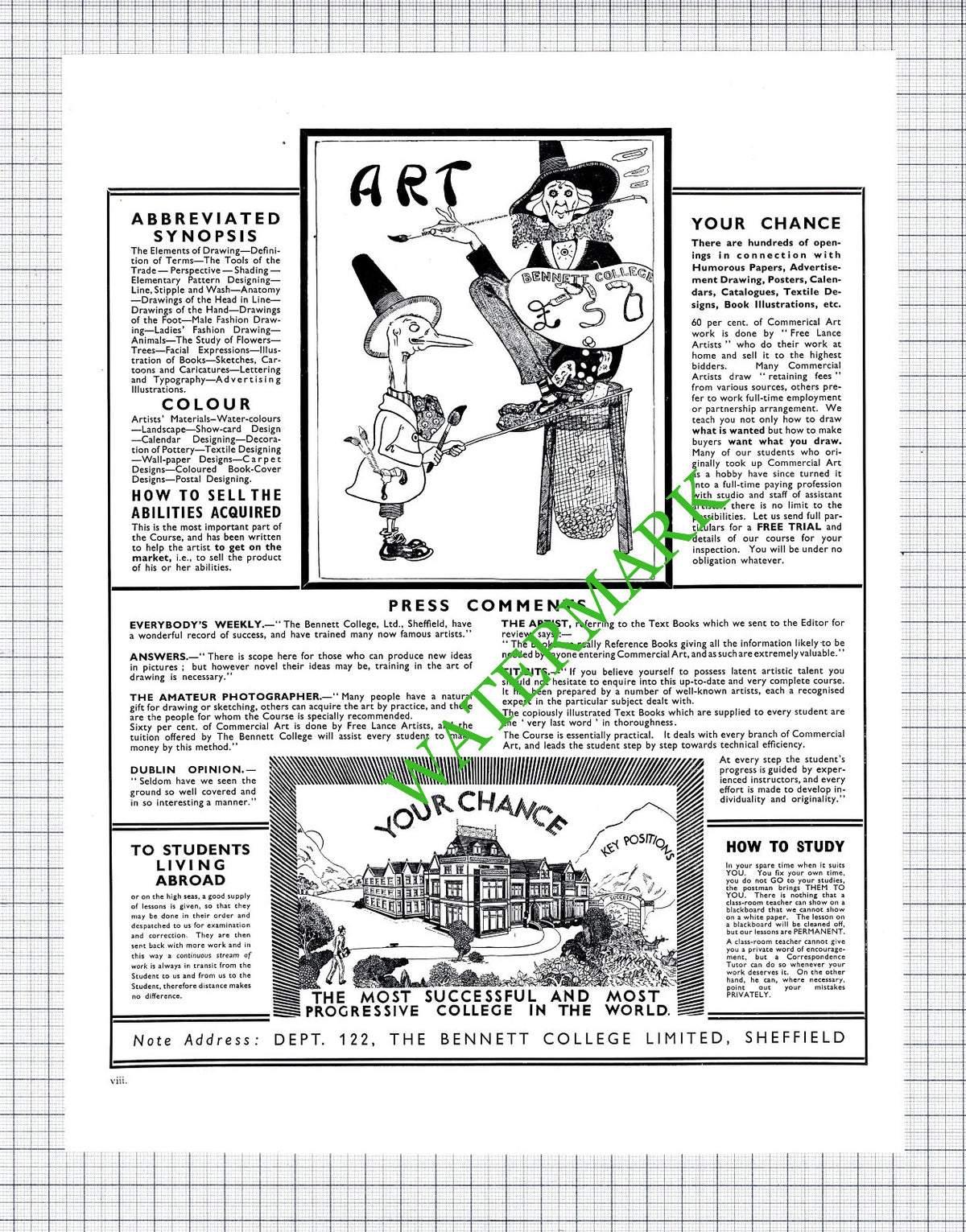 The Bennett College Sheffield Art School Advert   - 1937 Cutting / Print