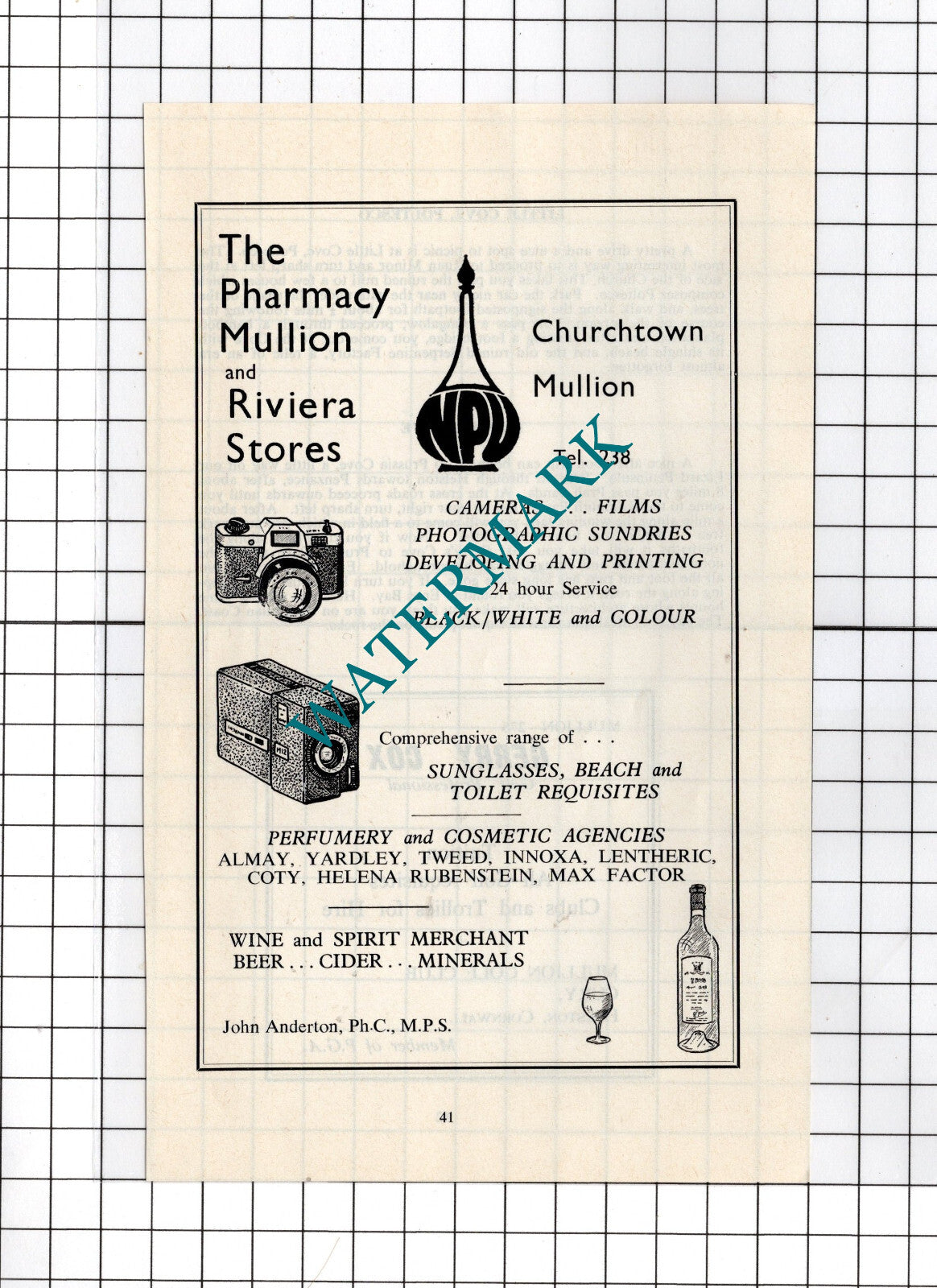 The Pharmacy Mullion Cornwall  John Anderton - c.1969 Advert