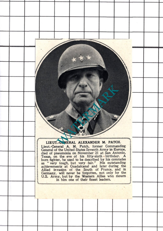 Lt Gen Alexander M Patch US Seventh Army Obituary  - 1945 Small Cutting