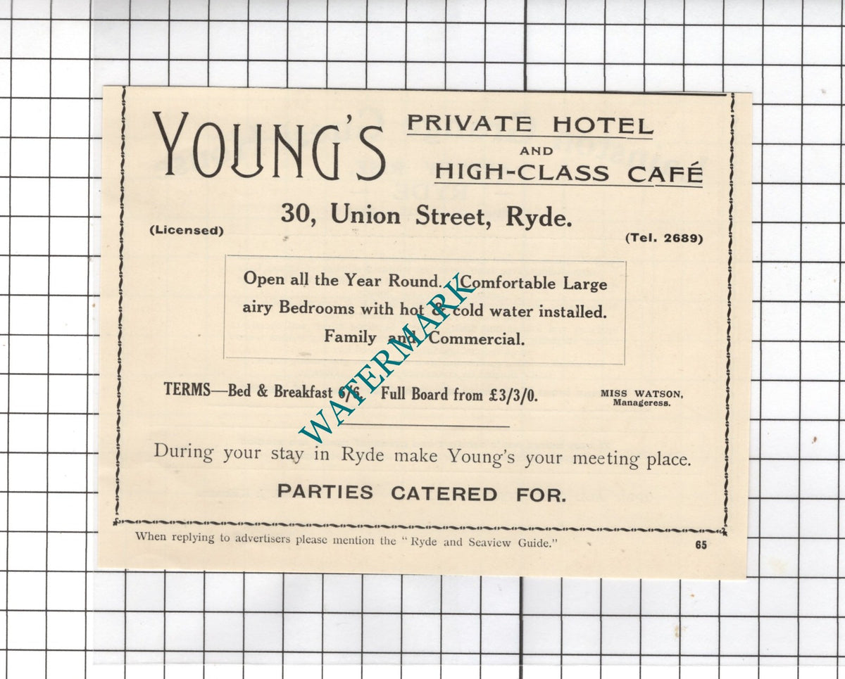 Young's Hotel Ryde Isle Of Wight Watson / Lainston Grange Kirkman  - 1938 Advert