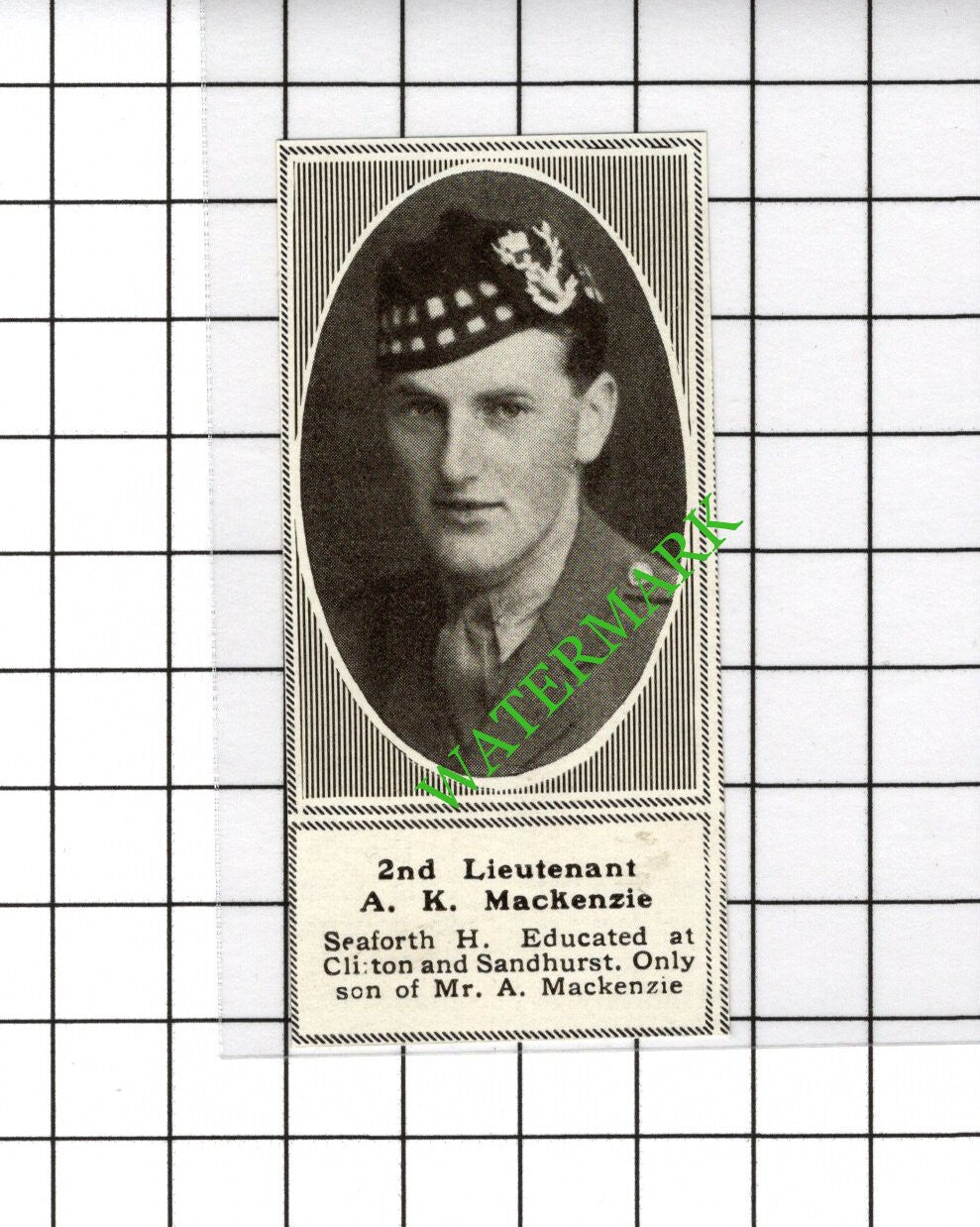2nd Lt A K Mackenzie Seaforth Highlanders Great War WW1 - 1918 SMALL Cutting