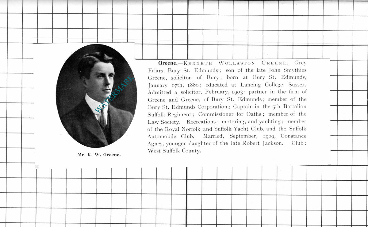 Kenneth Wollaston Greene Grey Friars Bury St Edmunds Suffolk - 1911 Cutting