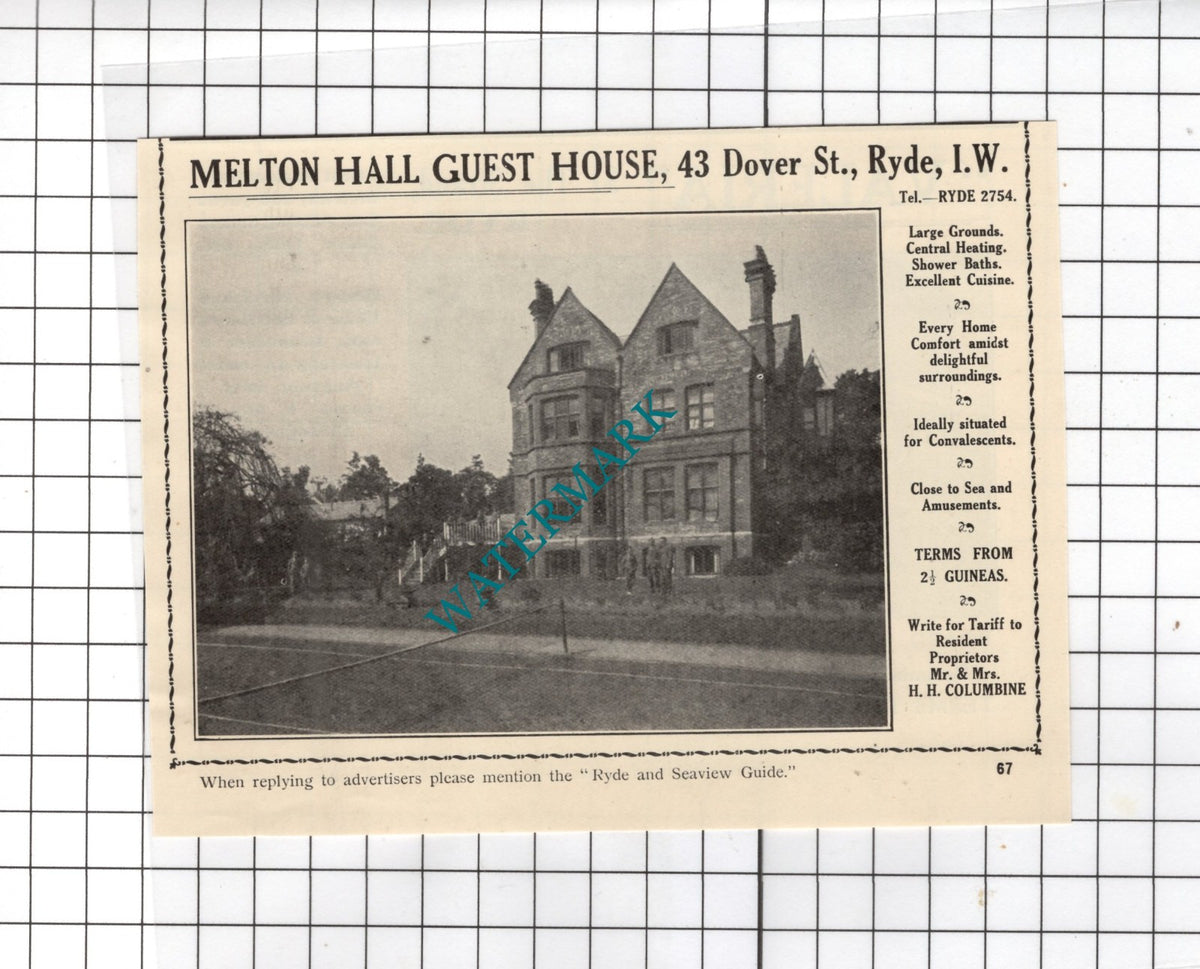 Melton Hall Guest House Ryde Isle Of Wight Columbine  Valeria Ryde - 1938 Advert