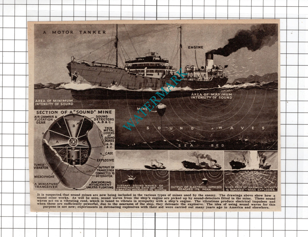 Sound Mines Diagram WW2 World War Two  - 1940's Clipping