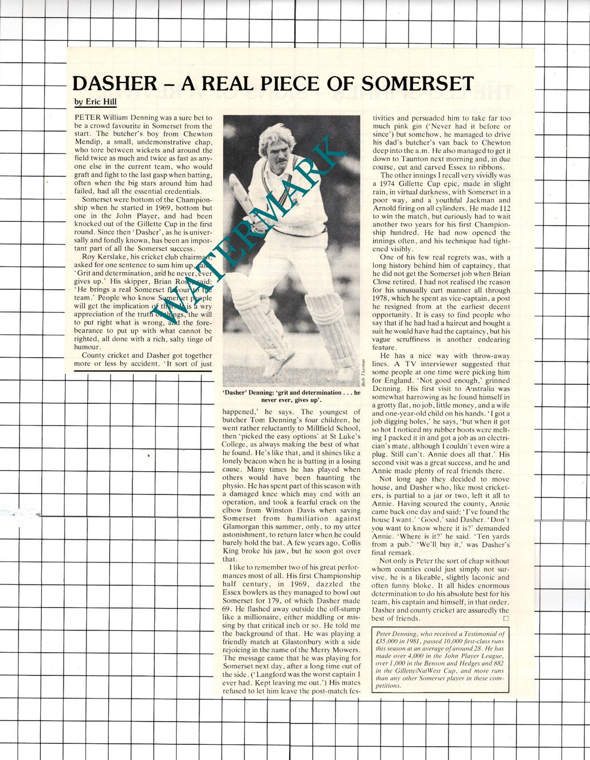 Peter Denning Dasher Denning Cricketer    - 1982 Clipping