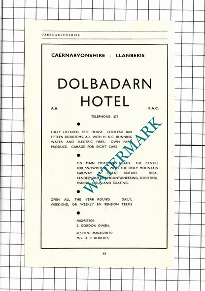 Dolbadarn Hotel Llanberis Wales Owen Lion Hotel Criccieth Advert - 1953 Clipping