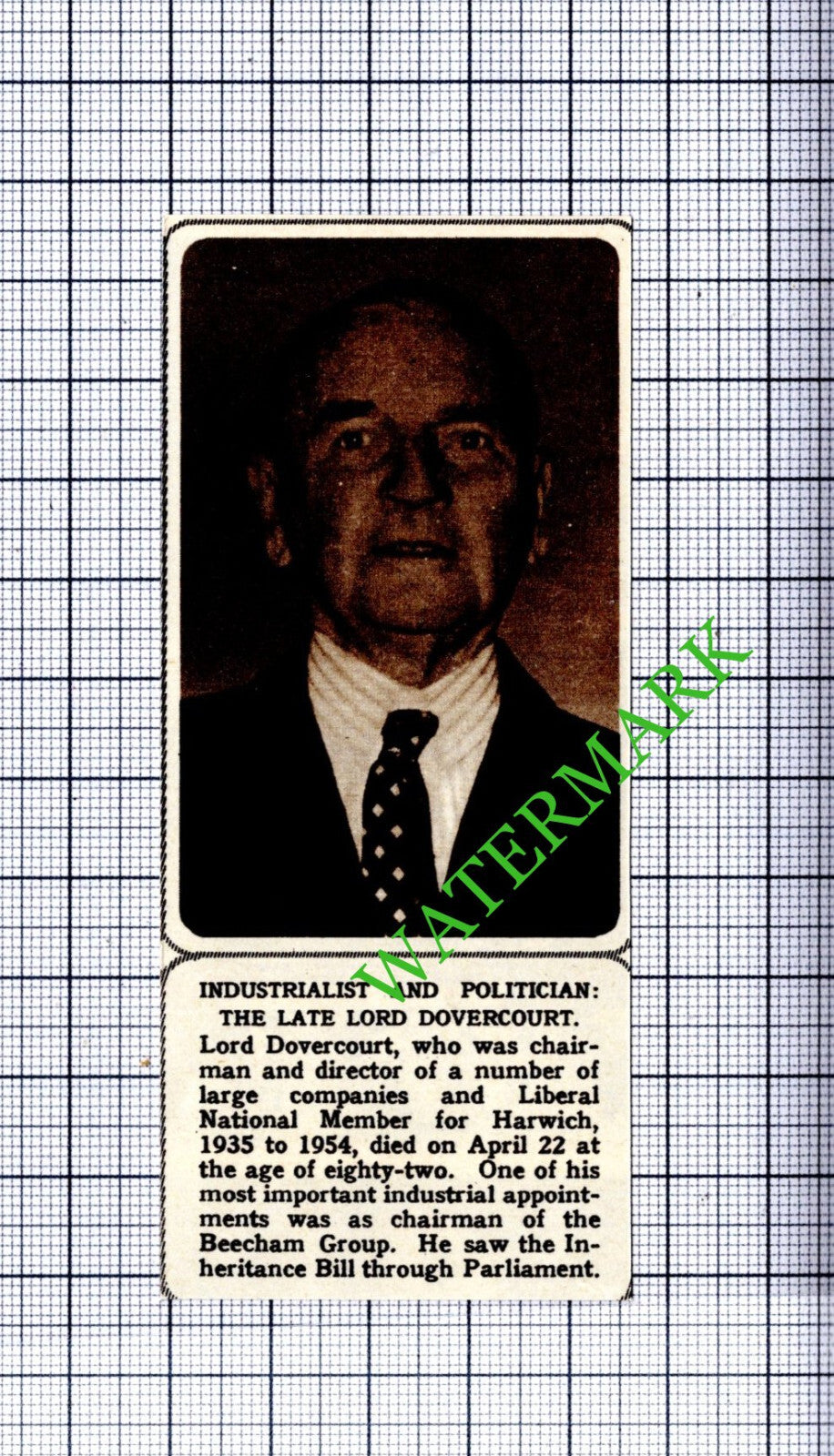 Lord Dovercourt Obituary - 1961  Small Cutting