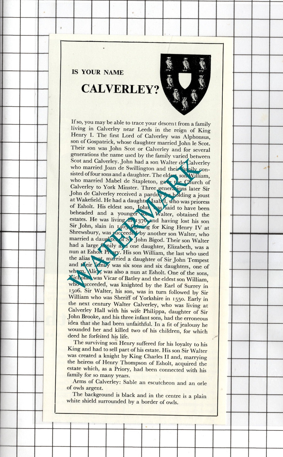 CALVERLEY Name  - 1957 Clipping