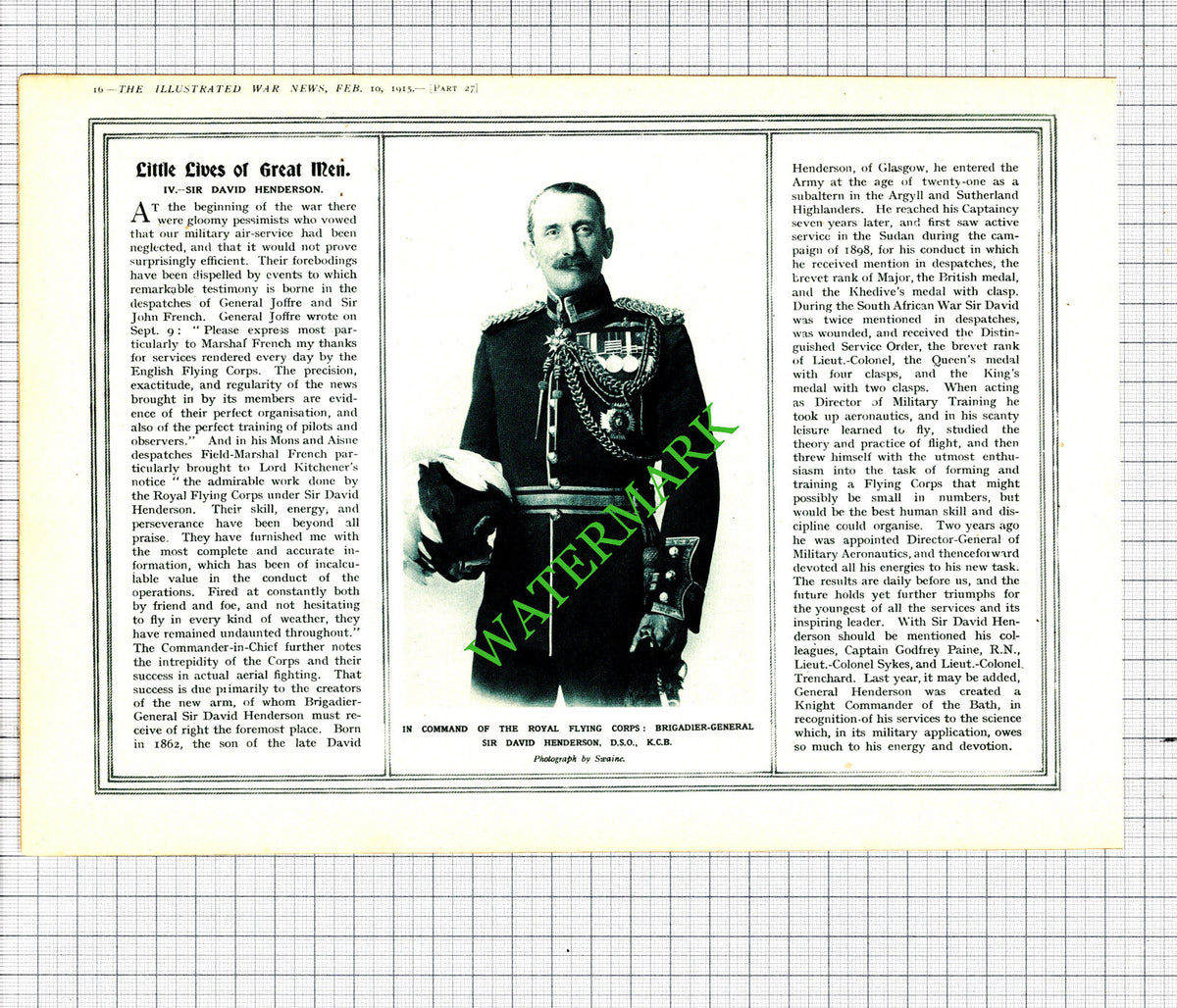 Sir David Henderson Royal Flying Corps WW1 - 1915 Cutting / Print