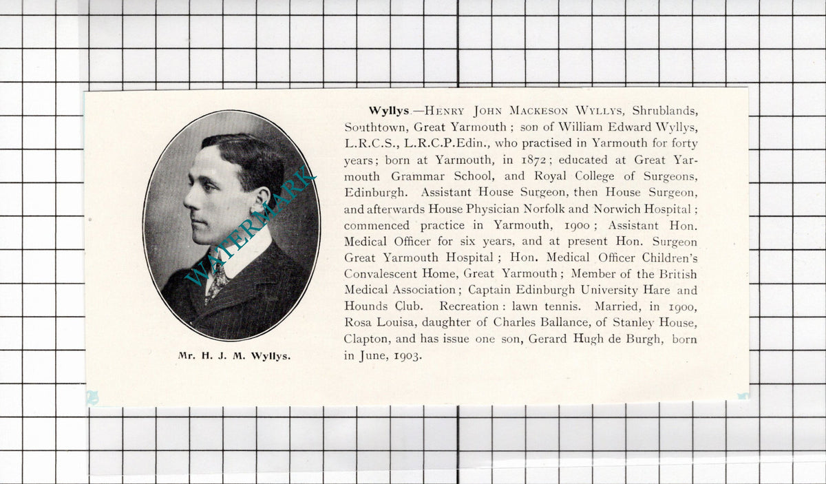 Henry John Mackeson Wyllys Shrublands Great Yarmouth Norfolk - 1911 Clipping