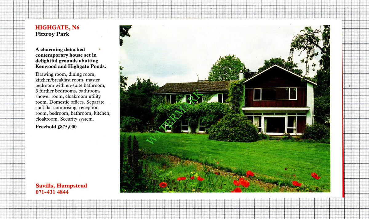 Fitzroy Park Highgate London N6 House Sale Advert - 1991 Cutting