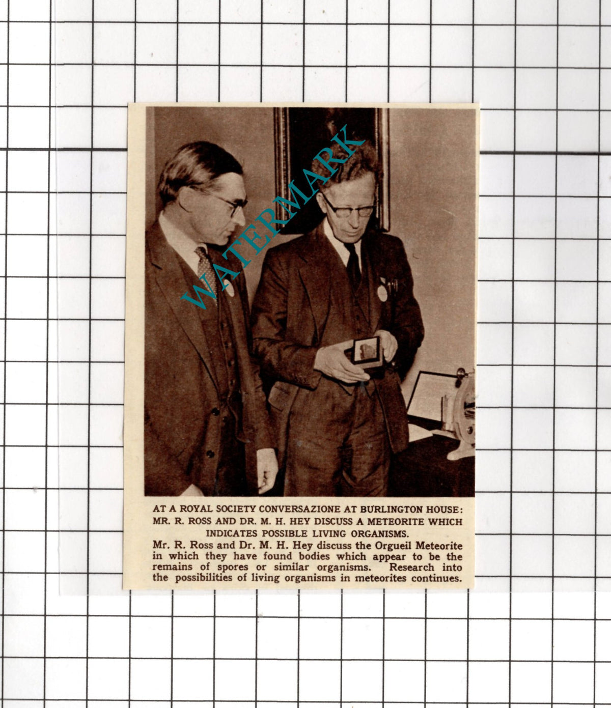 Mr R Ross and Dr M H Hey Orgueil Meterorite  - 1962 Small News Cutting