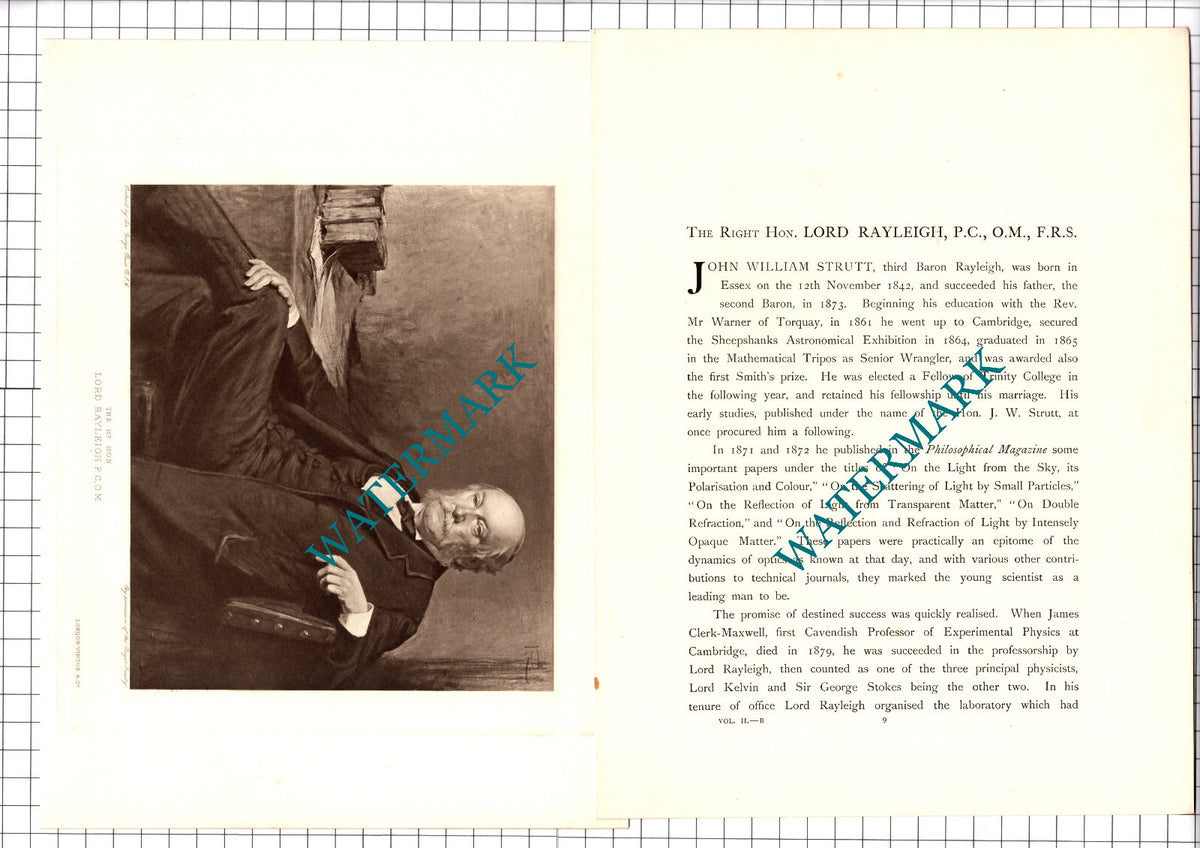 The Right Hon Lord Rayleigh John William Strutt  -- c.1920 Print / Article