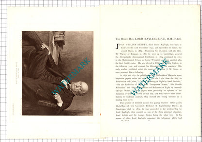 The Right Hon Lord Rayleigh John William Strutt  -- c.1920 Print / Article