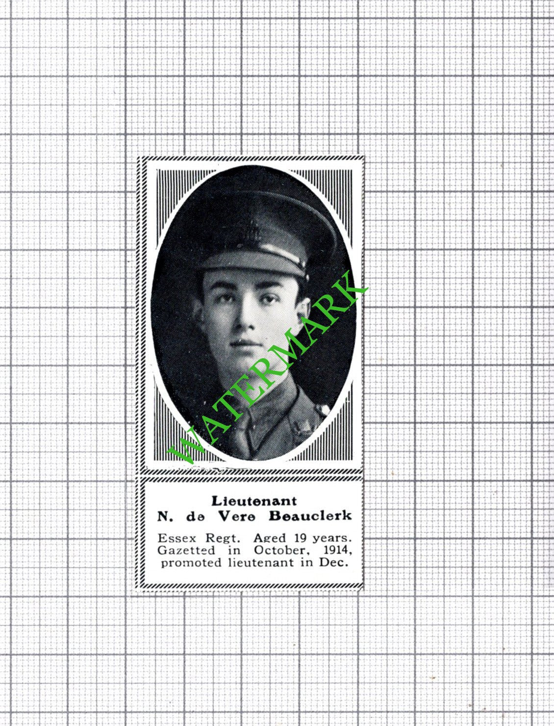 Lt  N de Vere Beauclerk  Essex Regiment WW1 - c.1918 SMALL Cutting