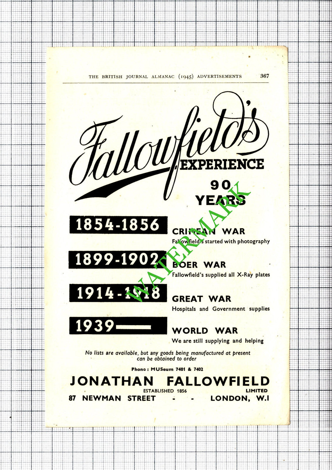 Jonathan Fallowfield London Fallowfield's WW2 Small Advert - 1945 Cutting
