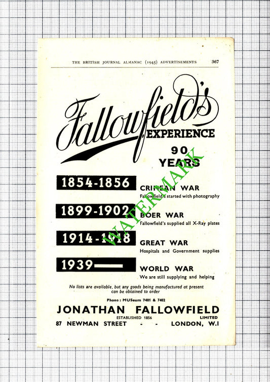 Jonathan Fallowfield London Fallowfield's WW2 Small Advert - 1945 Cutting