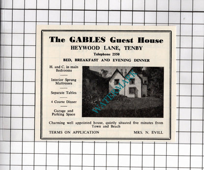 The Gables Guest House Tenby Evill / Ivy Bank Tenby Mr & Mrs Cross- 1962 Advert