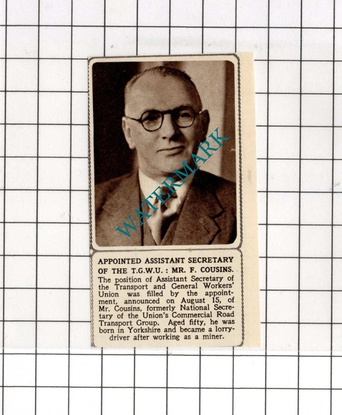 Mr F Cousins TGWU Transport & General Workers Union- 1955 SMALL News Cutting