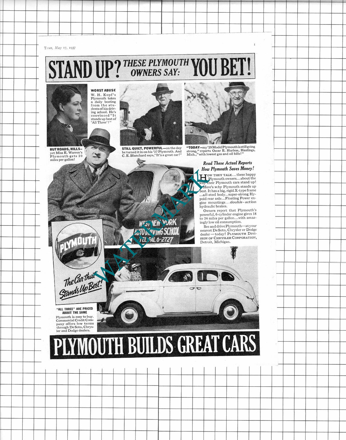 Oscar E Hurless Hastings W H Kopf West New York Plymouth Car  - 1937 Advert