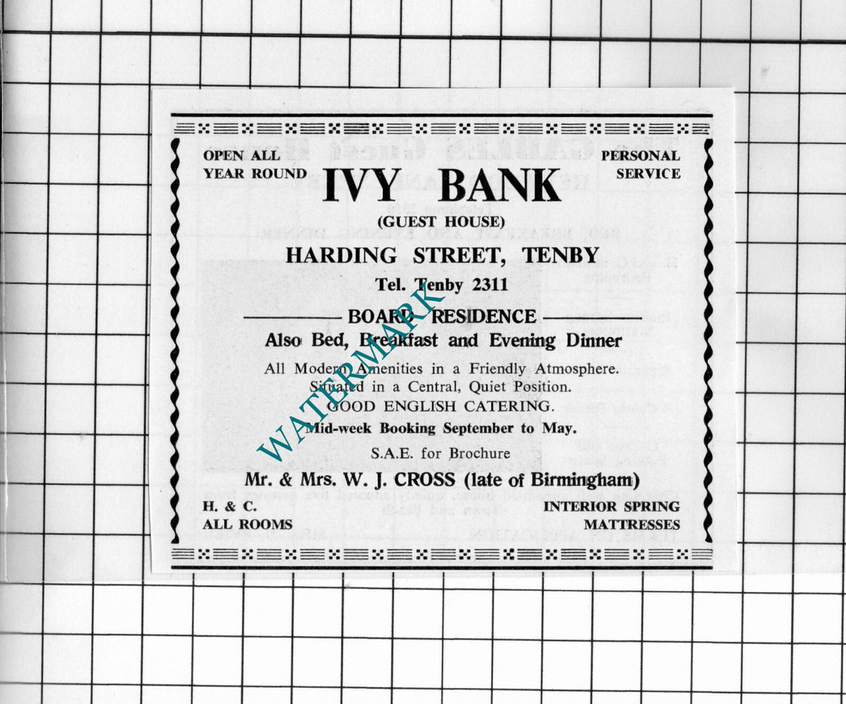 The Gables Guest House Tenby Evill / Ivy Bank Tenby Mr & Mrs Cross- 1962 Advert