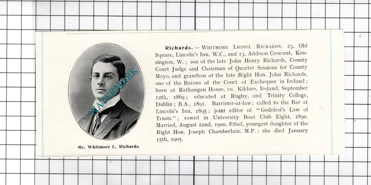 Whitmore Lionel Richards  Rathangan House Kildare Ireland - c.1905 Clipping