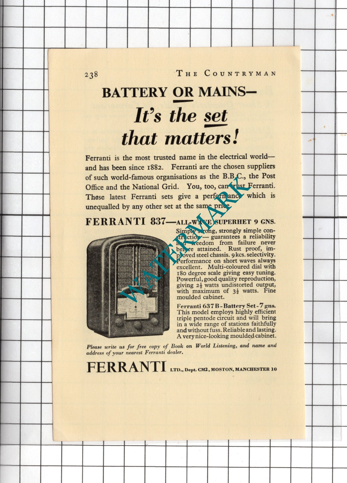 Ferranti   Ltd Radio ADVERT - 1938 Small Advert