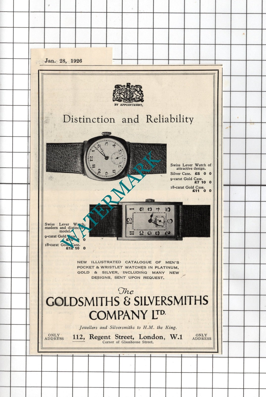 The Goldsmiths & Silversmiths Company Ltd Watch - 1926 SMALL Advert