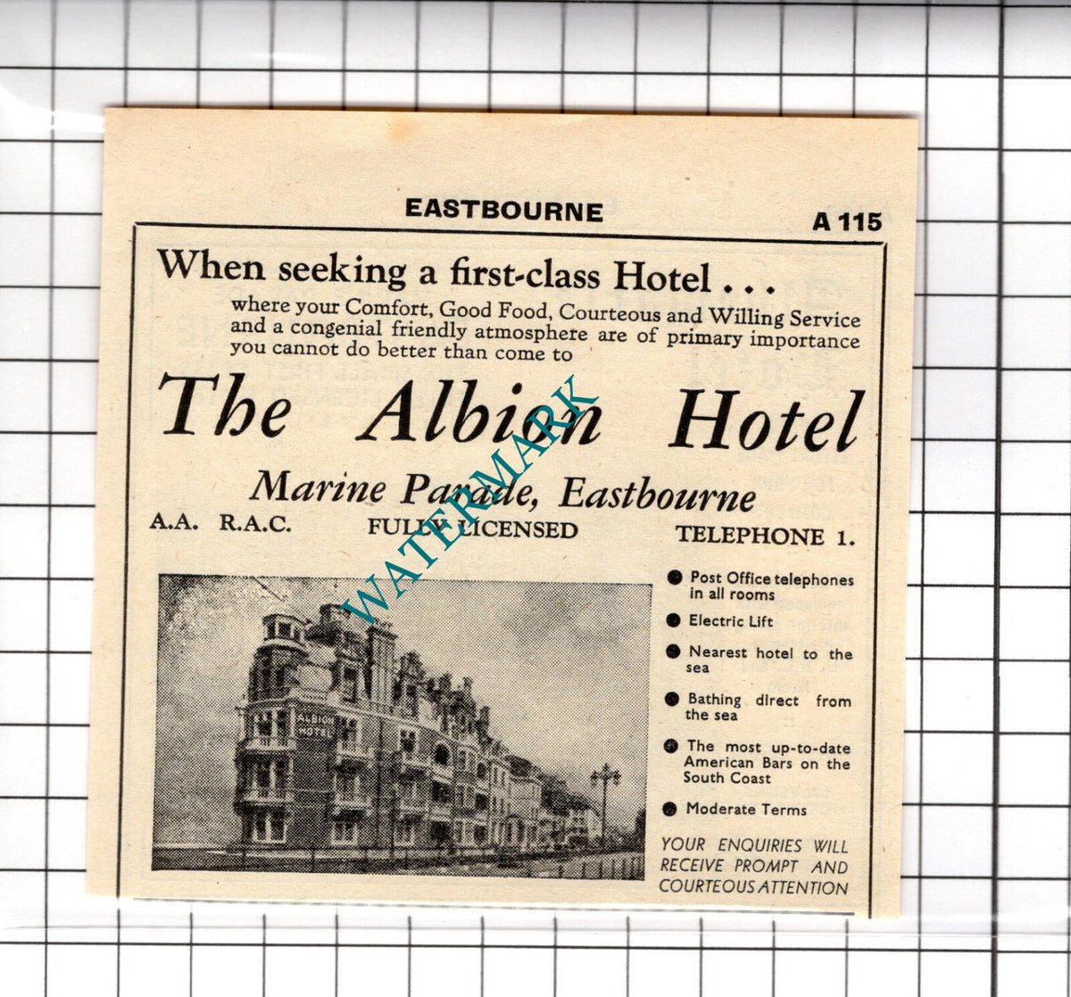 The Albion Hotel Eastbourne Sussex / Albermarle Hotel Advert -1958 Cutting