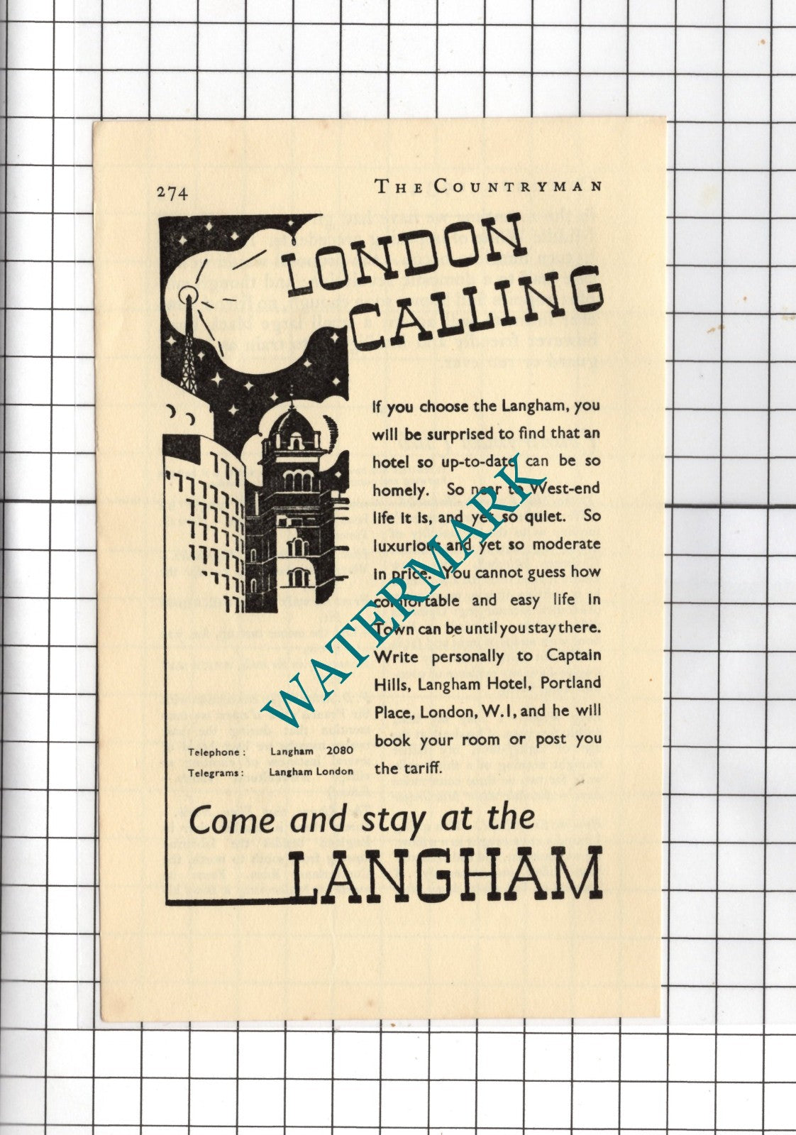 The Langham Hotel Portland Place London Captain Hills   - 1934 Small Advert