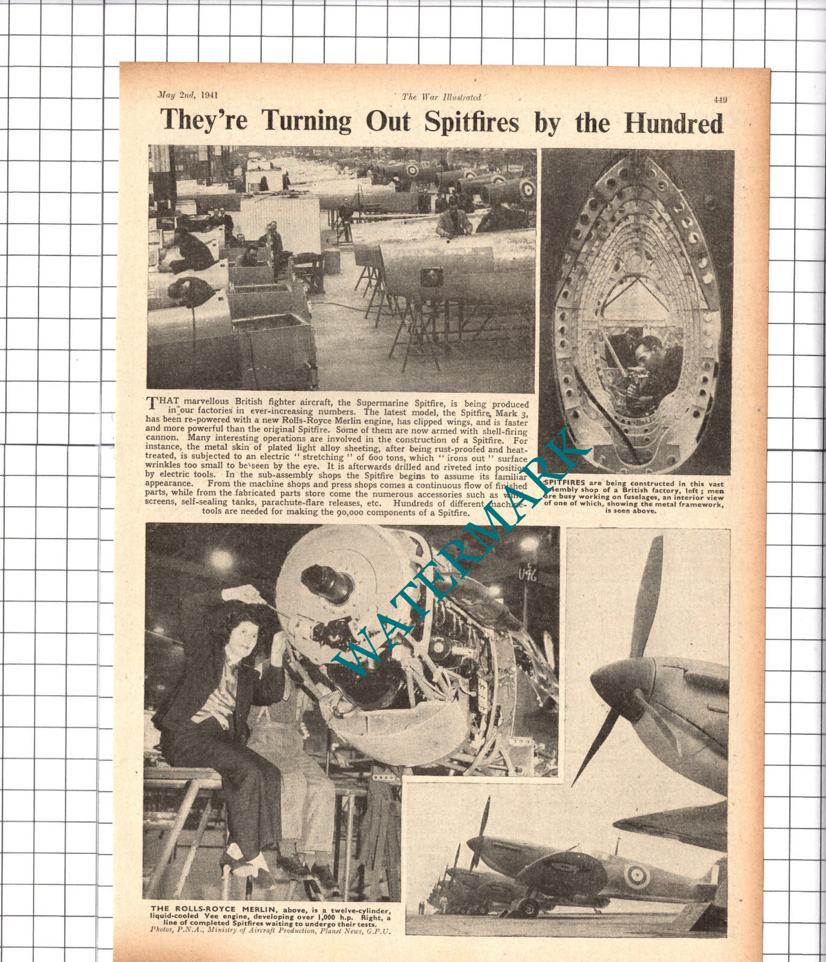 Supermarine Spitfire Planes Manufacture  World War Two - 1941 Cutting / Print