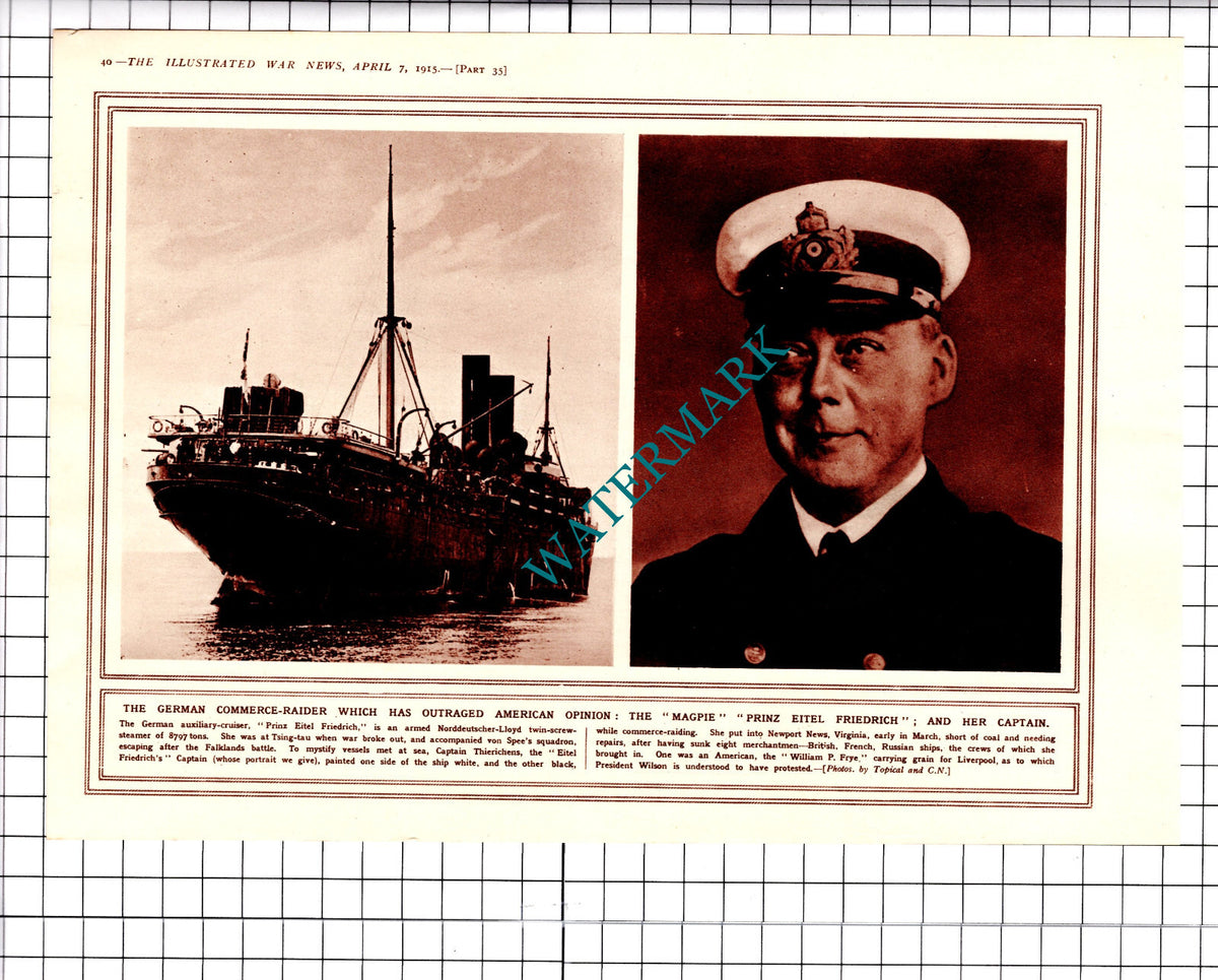 Prinz Eitel Friedrich  Captain Thierichens  Great War WW1 -1915 Clipping / Print