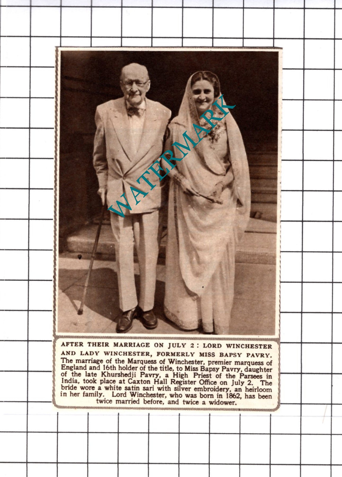 Lord Winchester Miss Bapsy Pavry Wedding  - 1952 Small Cutting