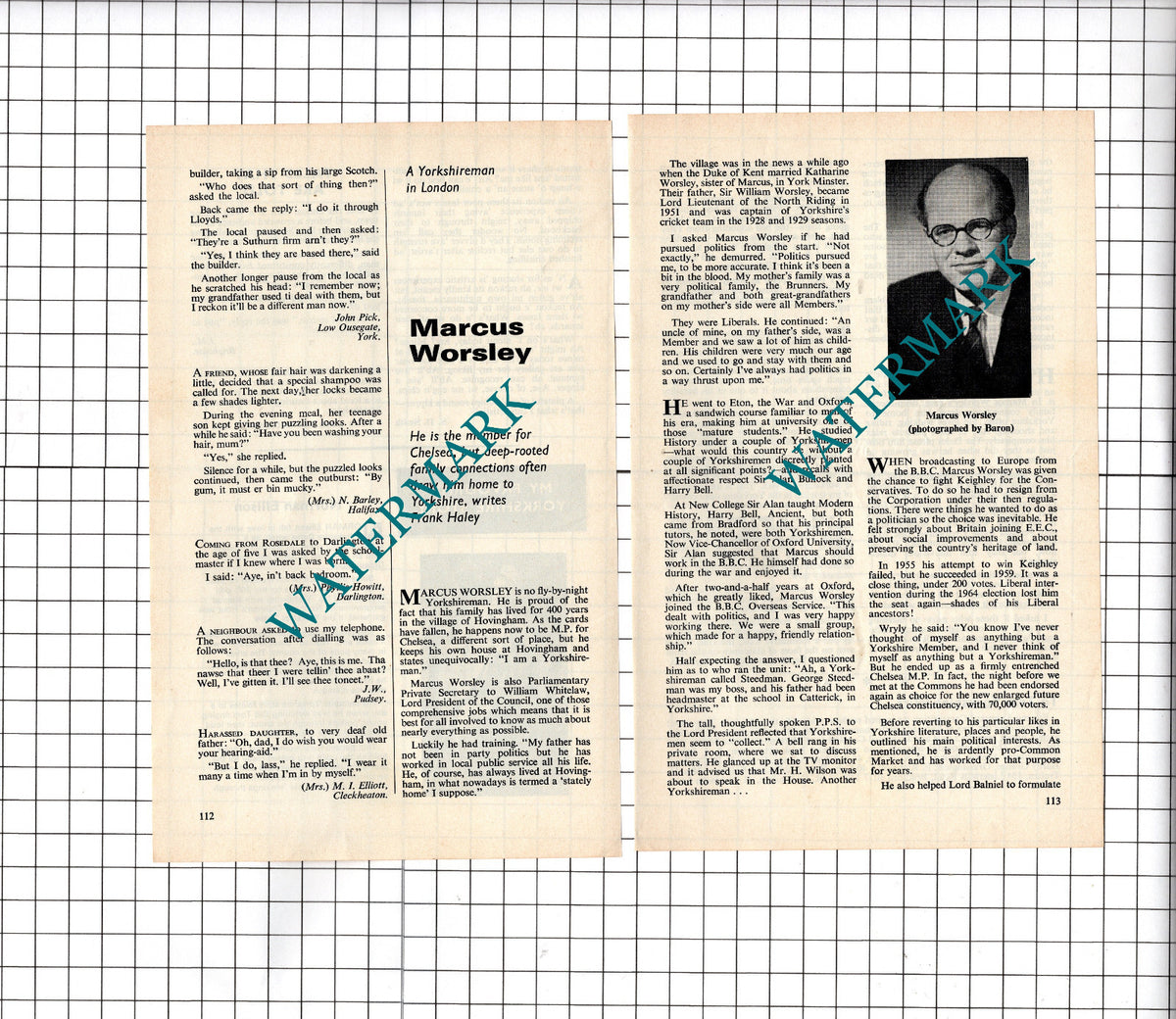 Marcus Worsley Hovingham Yorkshire  Chelsea MP  - 1972 Small Article