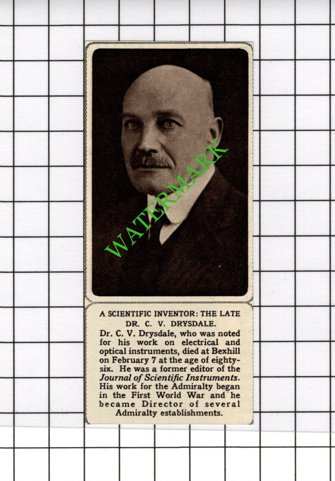 Dr C V Drysdale Inventor Obituary   - 1961 SMALL Cutting
