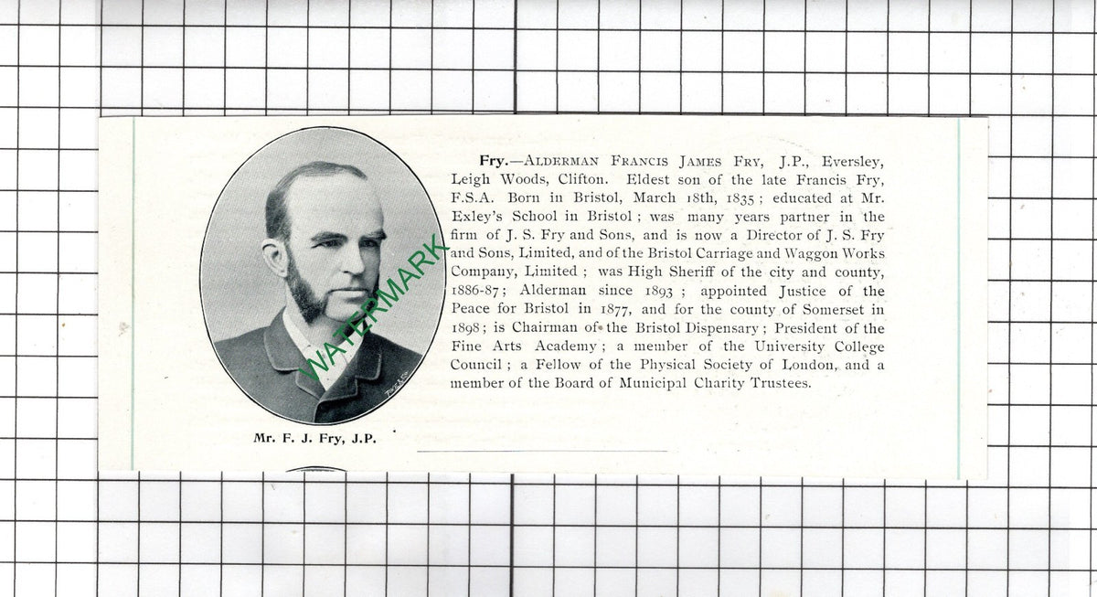 Francis James Fry Bristol / J Harvey Glenside Leigh Woods Clifton  1898 Clipping