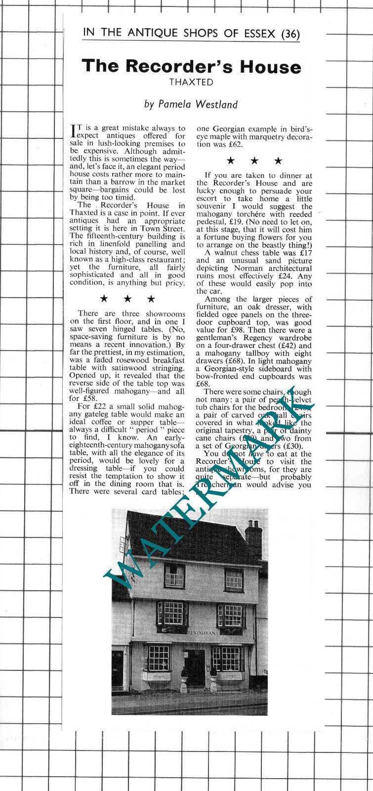 The Recorder's House Thaxted Essex Advert  - c.1967 Clipping / Print