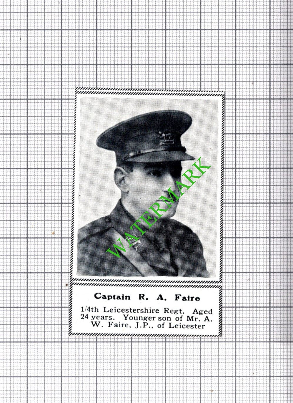 Captain R A Faire 1/4th Leicestershire Leicester Regt - c.1918 SMALL Cutting