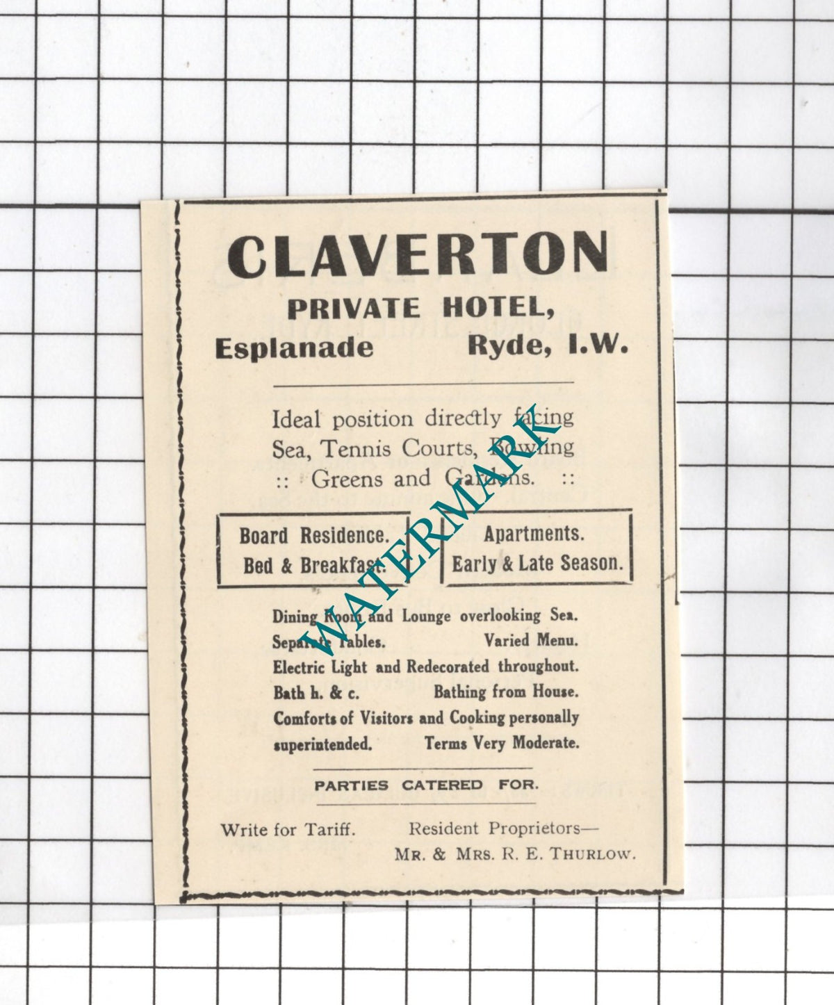 Claverton Hotel Ryde Isle of Wight Thurlow / Llanberis Kemp - 1938 Small Advert