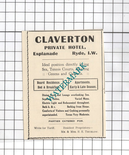 Claverton Hotel Ryde Isle of Wight Thurlow / Llanberis Kemp - 1938 Small Advert