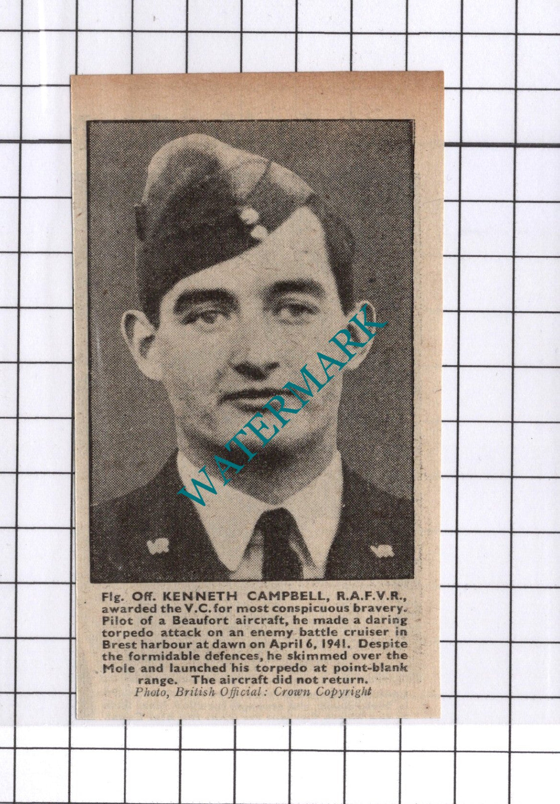 Flt Off Kenneth Campbell RAFVR  World War Two WW2 - 1942 Small Clipping
