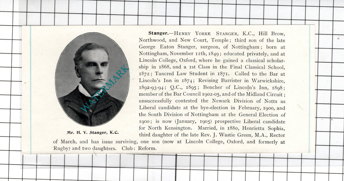 Henry Yorke Stangar KC Hill Brow Northwood London Nottingham  - c.1905 Clipping