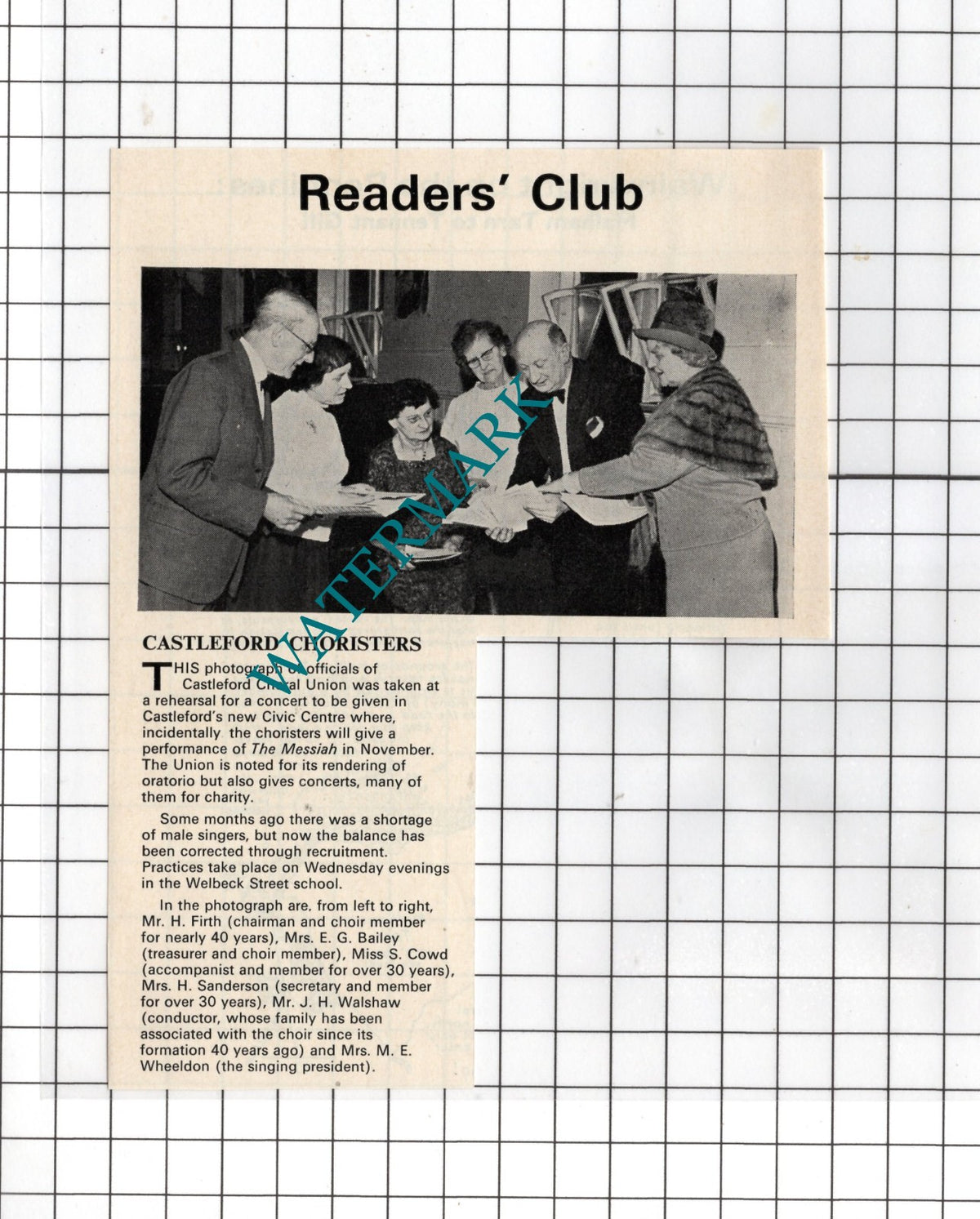 Castleford Choral Union Mr H Firth S Cowd Walshaw Wheeldon - c.1970s Clipping
