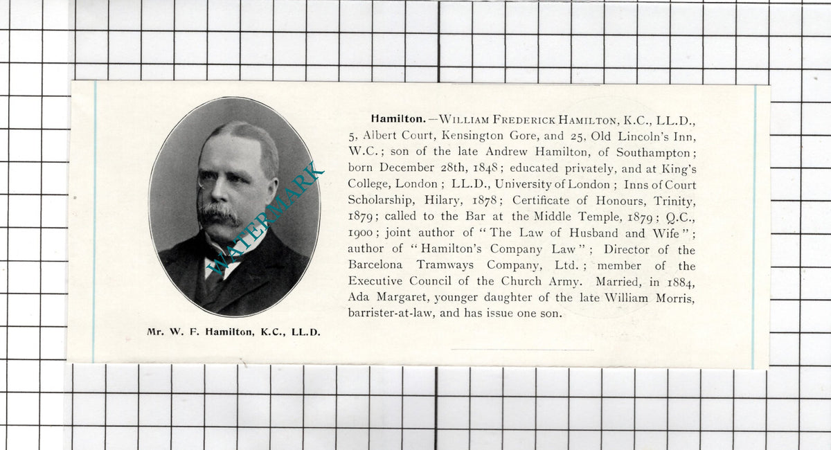 William Frederick Hamilton  KC / Mr Harold Hardy India   - c.1905 Clipping